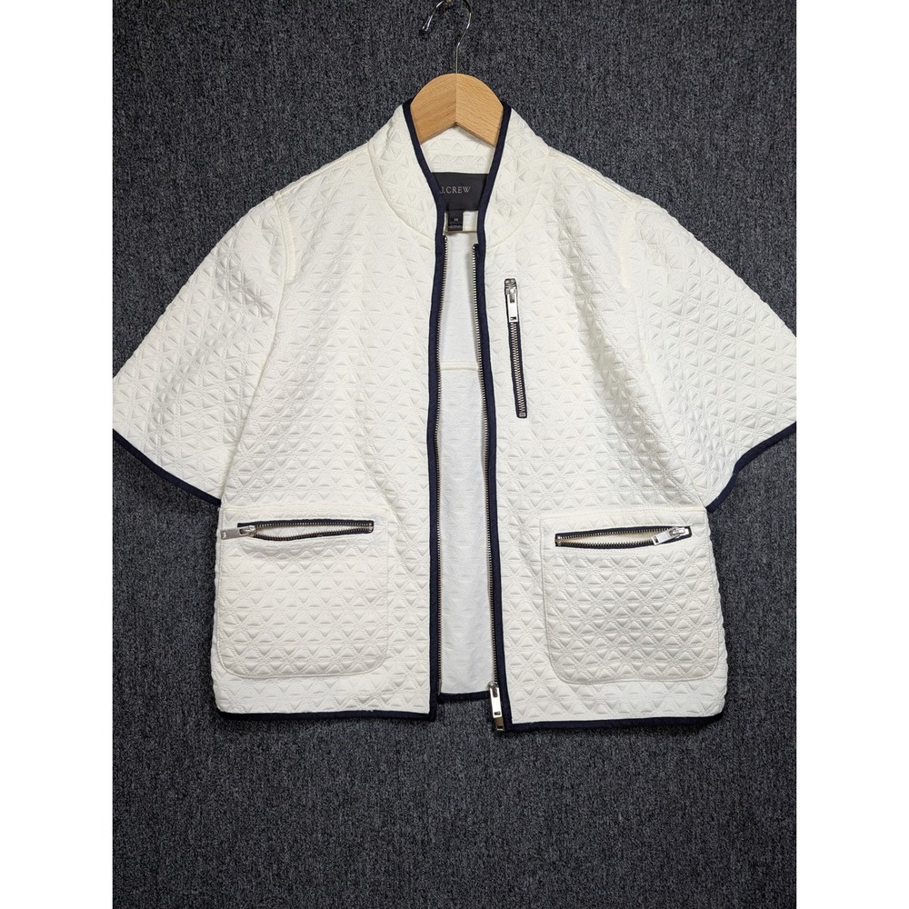 J.Crew Womens Short Sleeve Quilted Bomber Jacket Ivory Navy Blue Zip XS